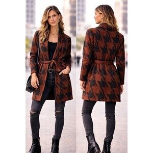 Moon River x Anthropologie Rust & Black Houndstooth Belted Cardigan Size Small